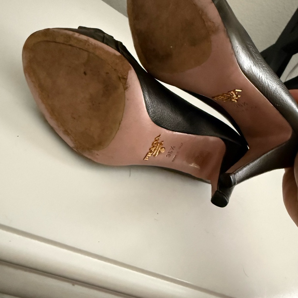 Prada Dark Brown Leather Peep-Toe Heels - Picture 5 of 7